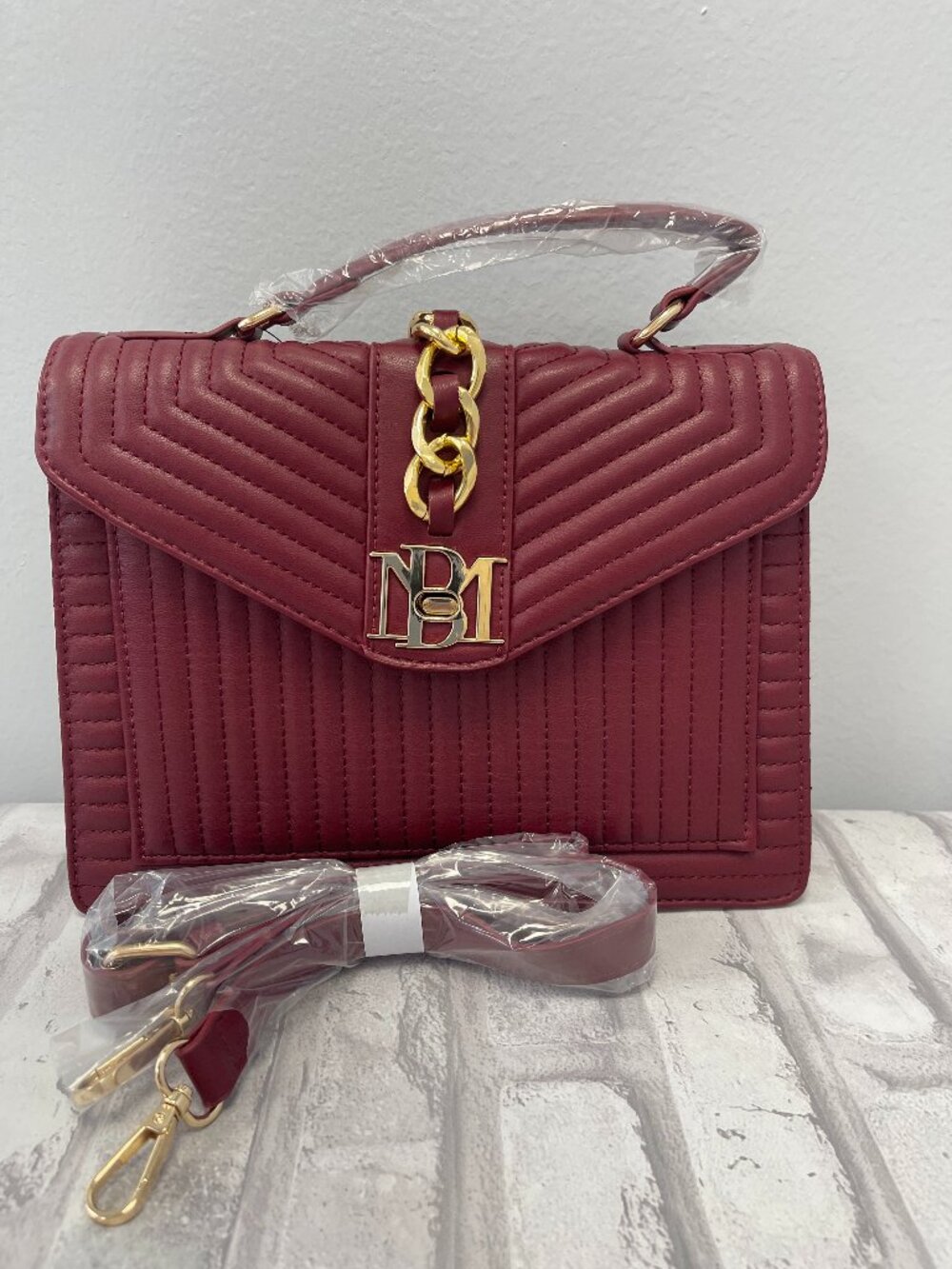 Badgley Mischka Quilted Two-Way Vegan Leather Handbag in Wine - BM-4180- NWT